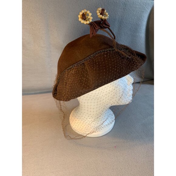 Ladies Brown Hat with Beaded Flowers and Netting by Boston Store Sz 22.5 - Picture 3 of 9